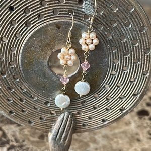 Pink crystals fresh water pearls wire wrapped 14kt white fresh water coin pearls
